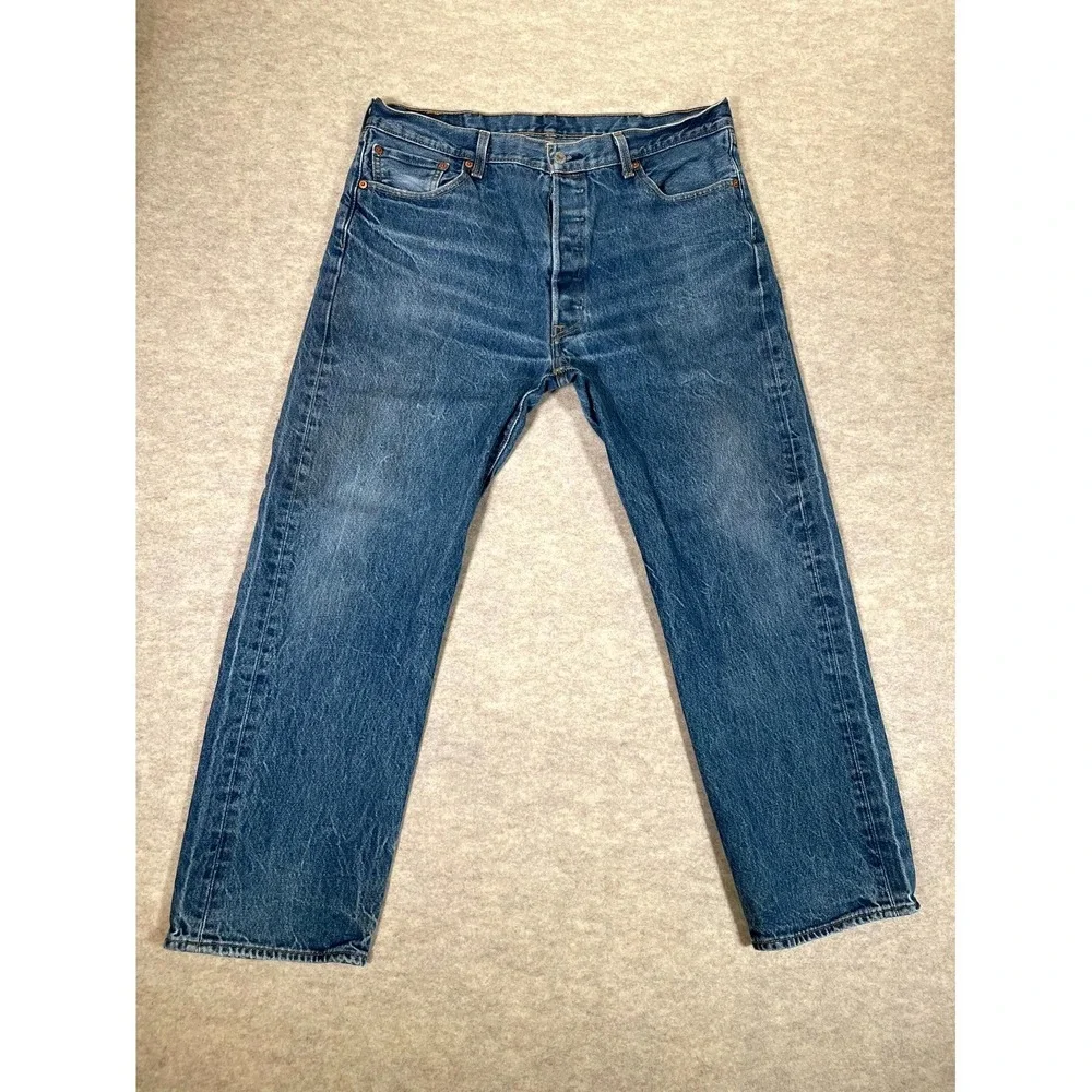 Levi's‎ 501 Authentic Jeans Mens 38x32 Blue Whiskering Denim Cotton Straight Leg